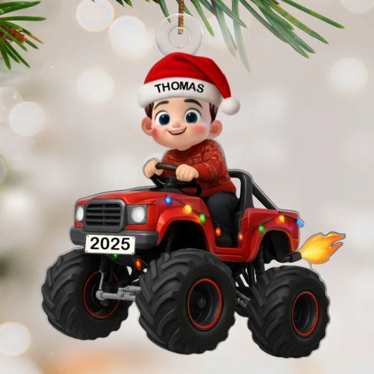 3D Effect Christmas Kid Driving Monster Truck - Personalized Acrylic Ornament - Gift For Kids, Grandkids