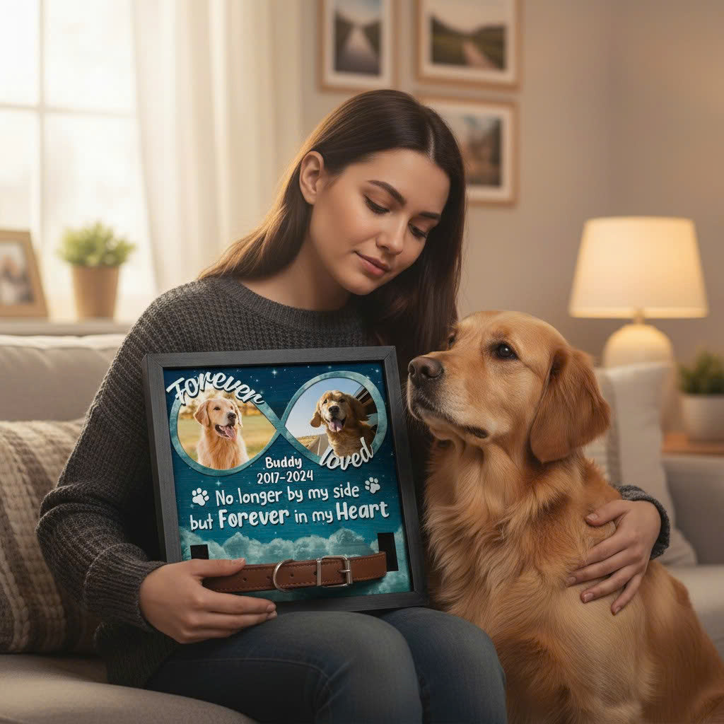 Custom Photo “Forever In My Heart” Pet Memorial Frame – Personalized Pet Loss Sign with Collar Holder | Sympathy Gift for Dog Owners & Cat Lovers